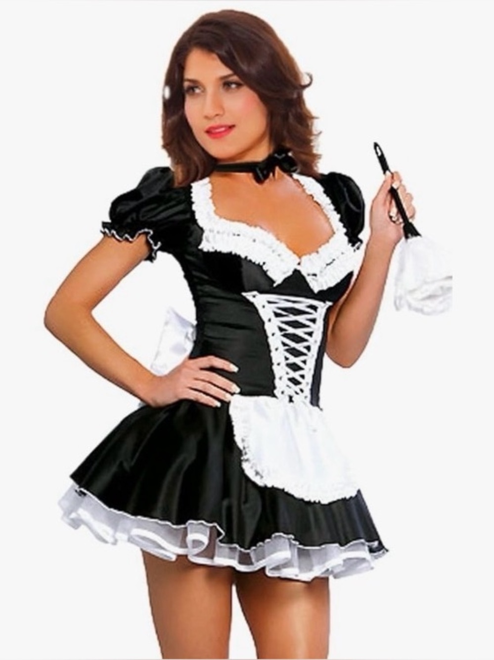 Sexy French Maid Costume Lace Up Front Mini Dress Satin Puff Sleeve Costume S